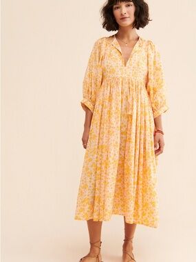Sundry Ditsy Blouson Sleeve Midi Dress in mango